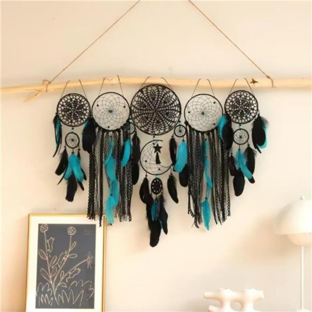 Moon Phase Dreamcatcher Set Boho Wall Decor (Color Black/Blue)